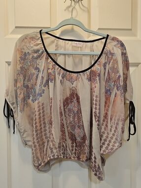 Pretty Good brand Size S Sheer Peasant Tunic in Cream, Dusty Blue, and Mauve